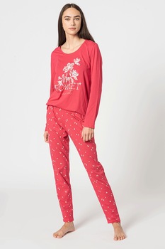 Triumph, Pijama cu imprimeu, decolteu rotund si maneci lungi, Roz aprins/Portocaliu/Albastru Triumph, Pijama cu imprimeu, decolteu rotund si maneci lungi, Roz aprins/Portocaliu/Albastru