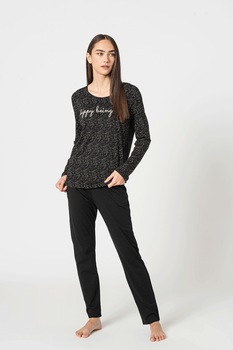 Triumph, Pijama cu imprimeu, decolteu rotund si maneci lungi, Negru/Roz piersica Triumph, Pijama cu imprimeu, decolteu rotund si maneci lungi, Negru/Roz piersica