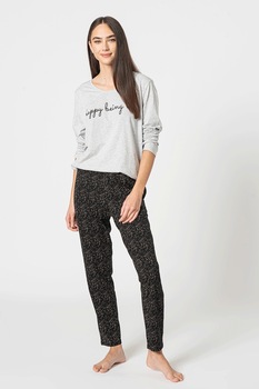 Triumph, Pijama cu imprimeu, decolteu rotund si maneci lungi, Gri melange/negru/roz piersica Triumph, Pijama cu imprimeu, decolteu rotund si maneci lungi, Gri melange/negru/roz piersica