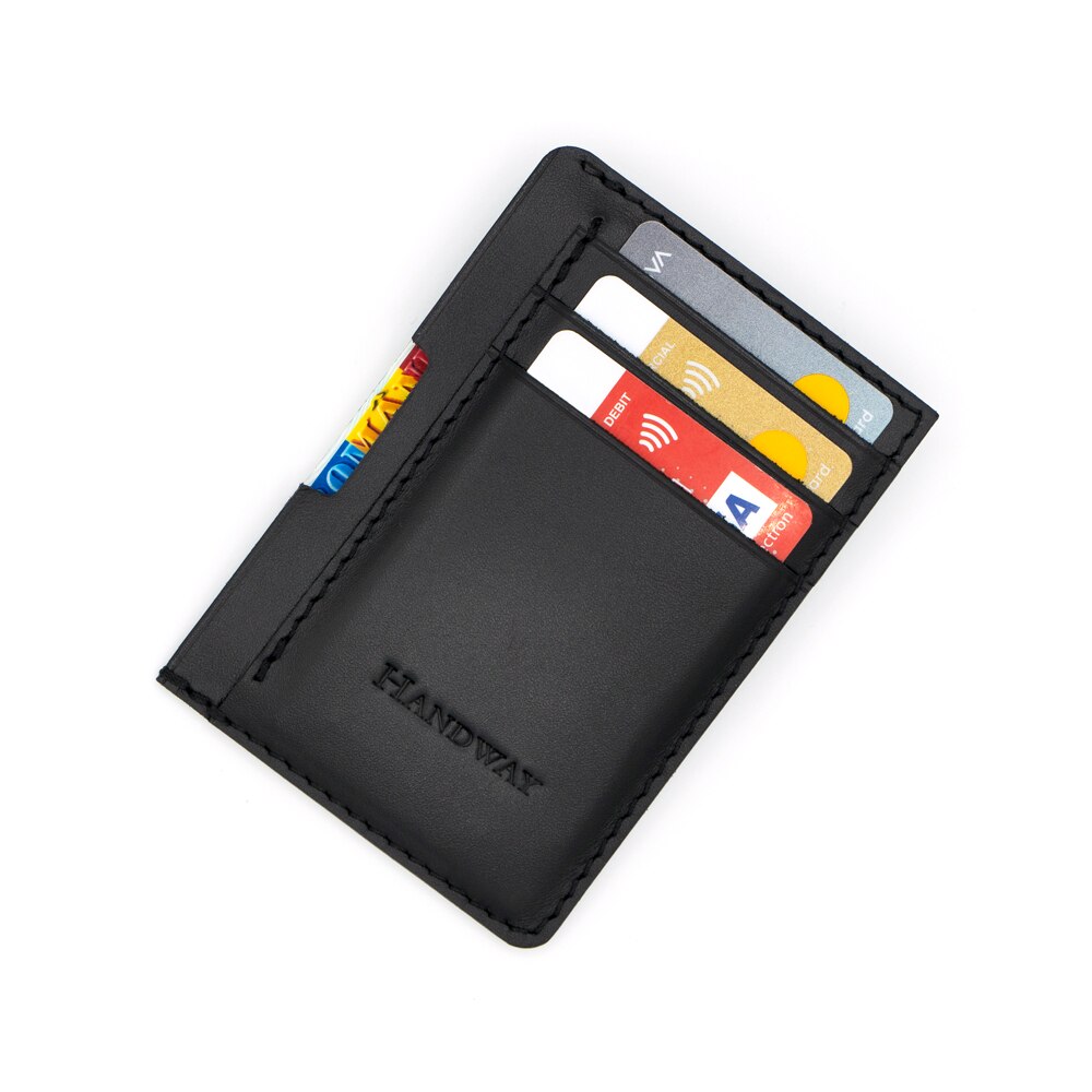 Port card din piele naturala, Compartiment buletin, Handway, Premium, Realizat manual, Negru, Culoare cusatura Negru