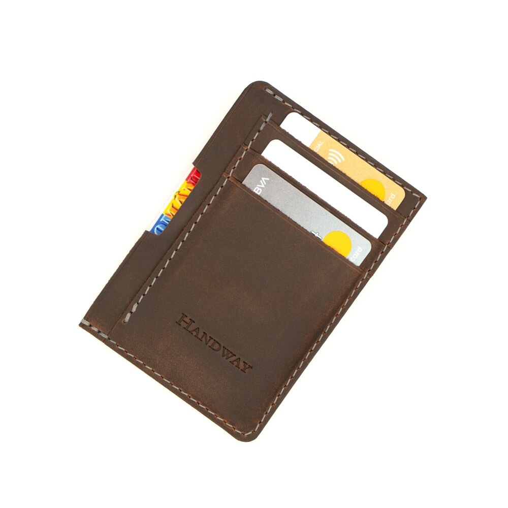 Port card handmade din piele naturala, Crazy Horse, Compartiment buletin, Handway, Premium, Realizat manual, Maro, Aspect vintage, Culoare cusatura Gri