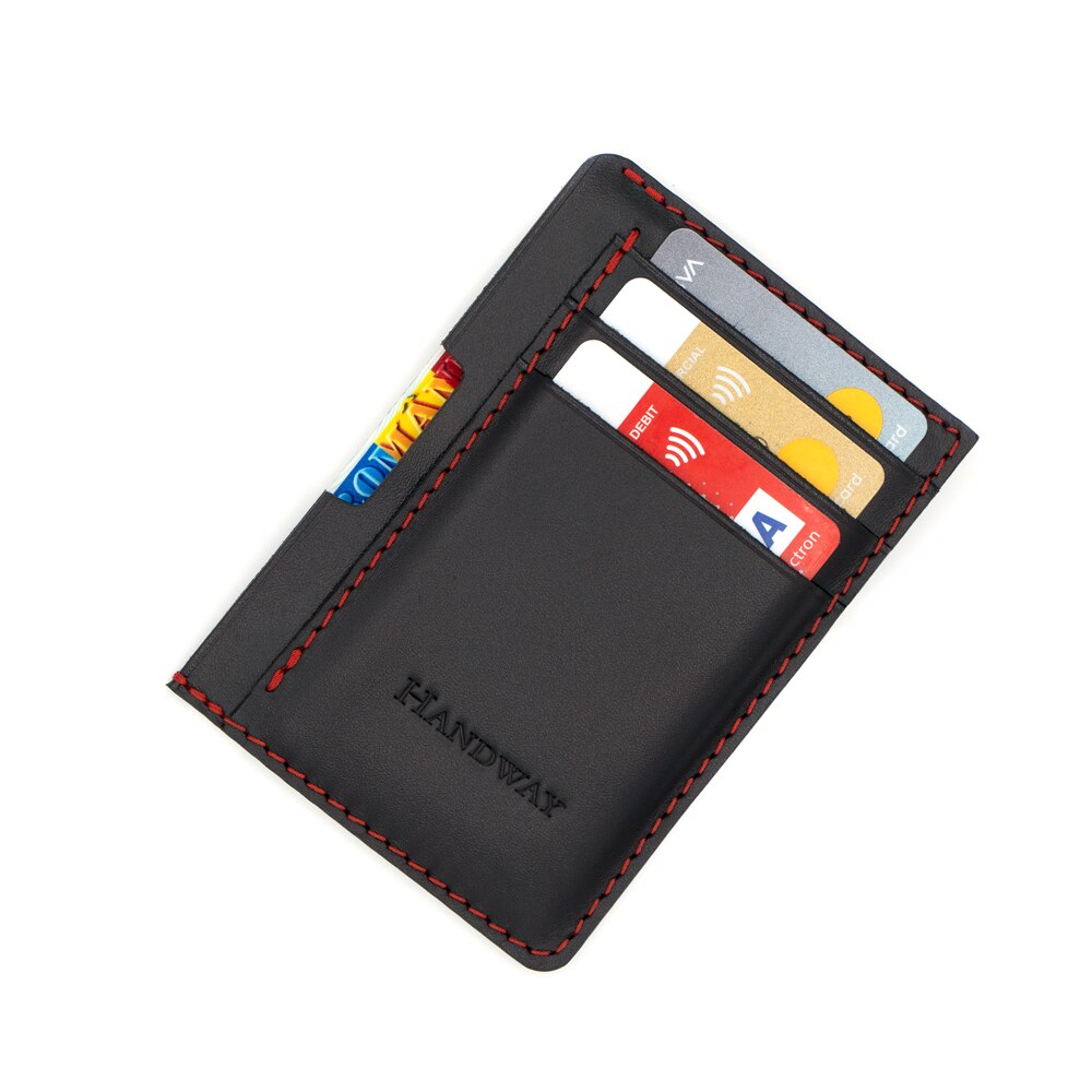 Port card din piele naturala, Compartiment buletin, Handway, Premium, Realizat manual, Negru, Culoare cusatura Rosu