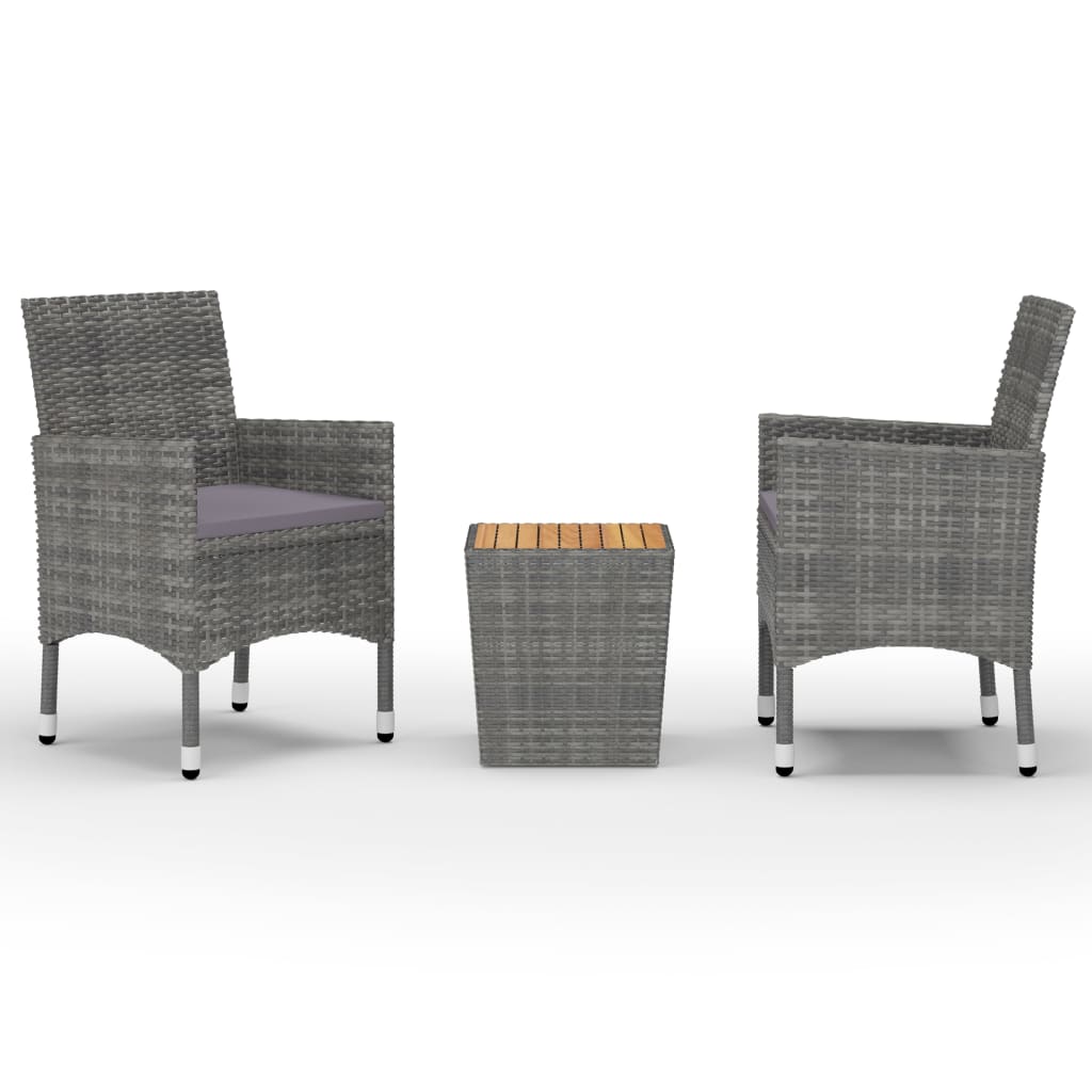 Set mobilier bistro, 3 piese, gri, poliratan si lemn acacia