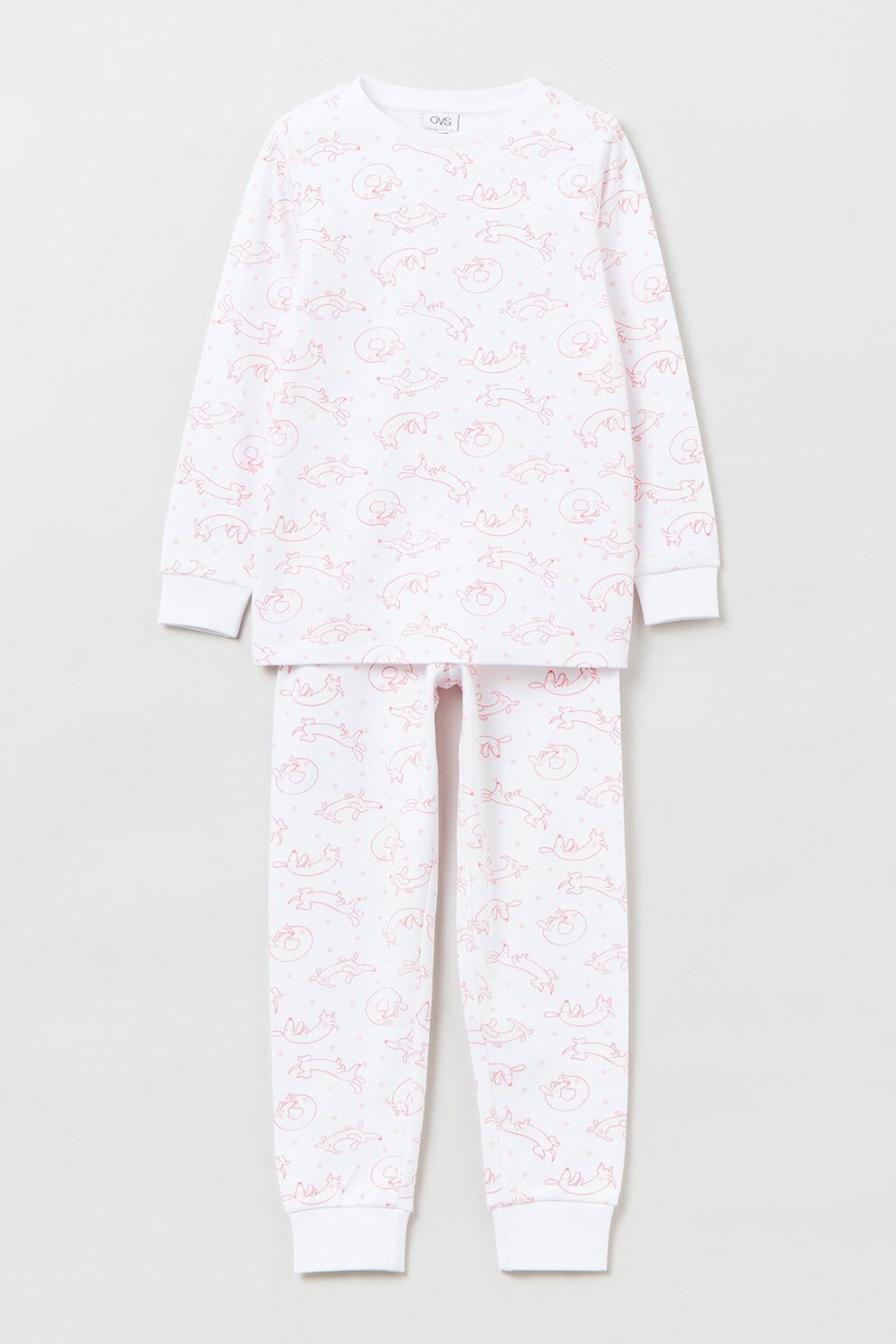 OVS, Pijama din bumbac cu model grafic, Alb/Roz pastel