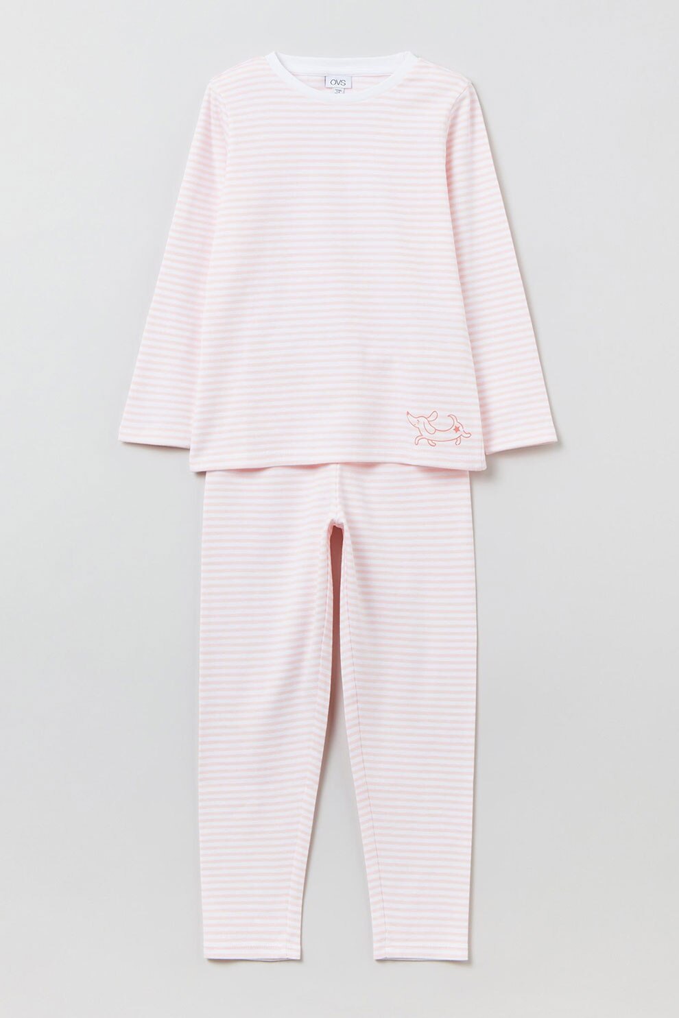 OVS, Pijama din bumbac cu model in dungi, Roz pal/Alb