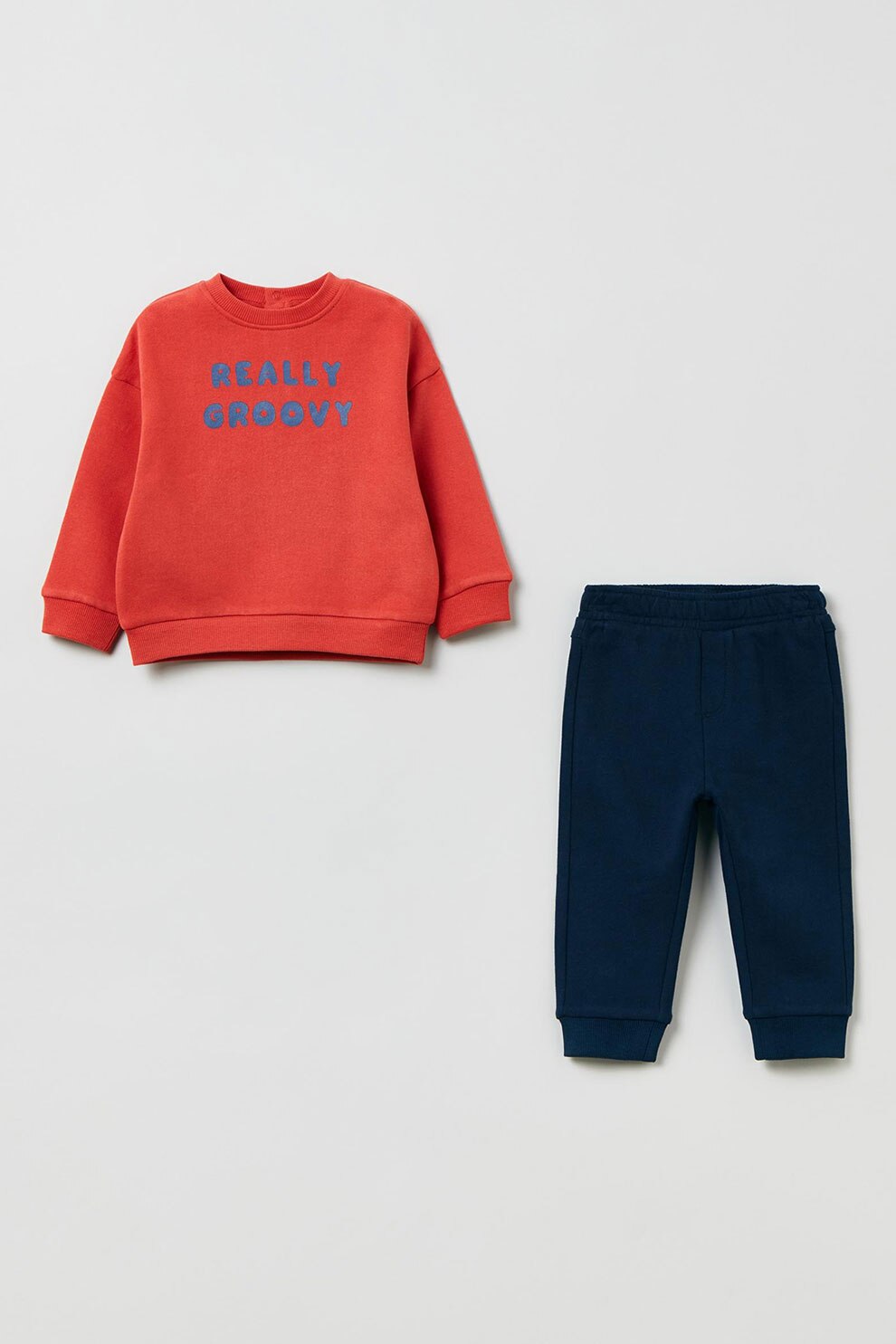 OVS, Set de pantaloni si bluza sport cu imprimeu text, Roz coral/bleumarin inchis