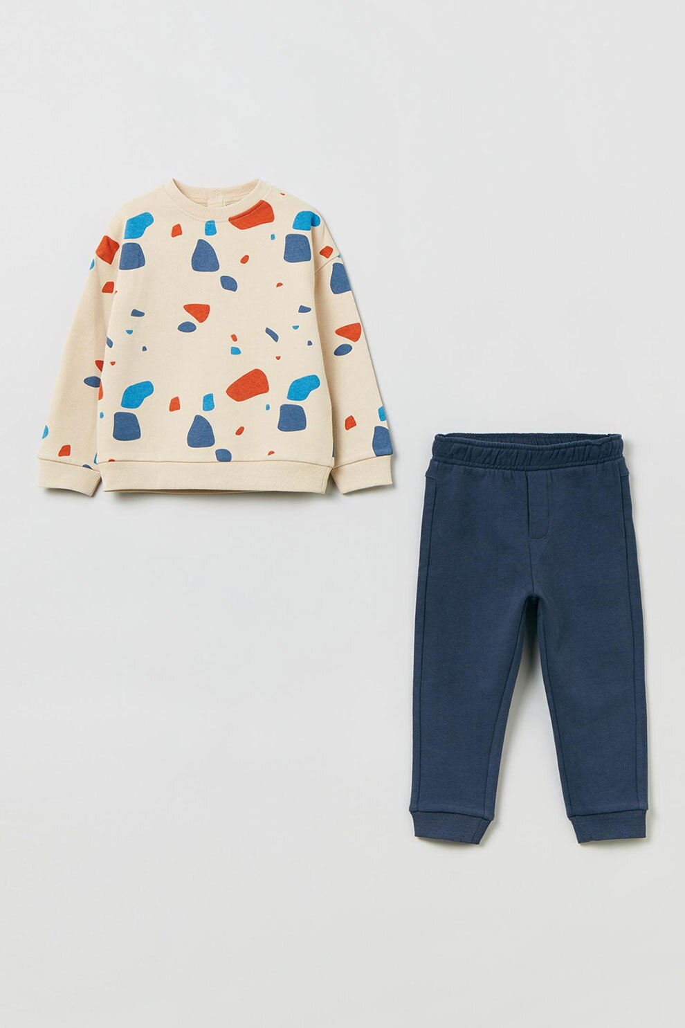 OVS, Set de pantaloni si bluza sport - 2 piese, maro nisip, albastru prafuit