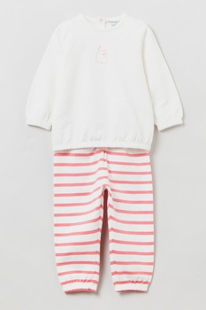 OVS, Pijama cu pantaloni cu model in dungi, Alb optic/Rosu OVS, Pijama cu pantaloni cu model in dungi, Alb optic/Rosu