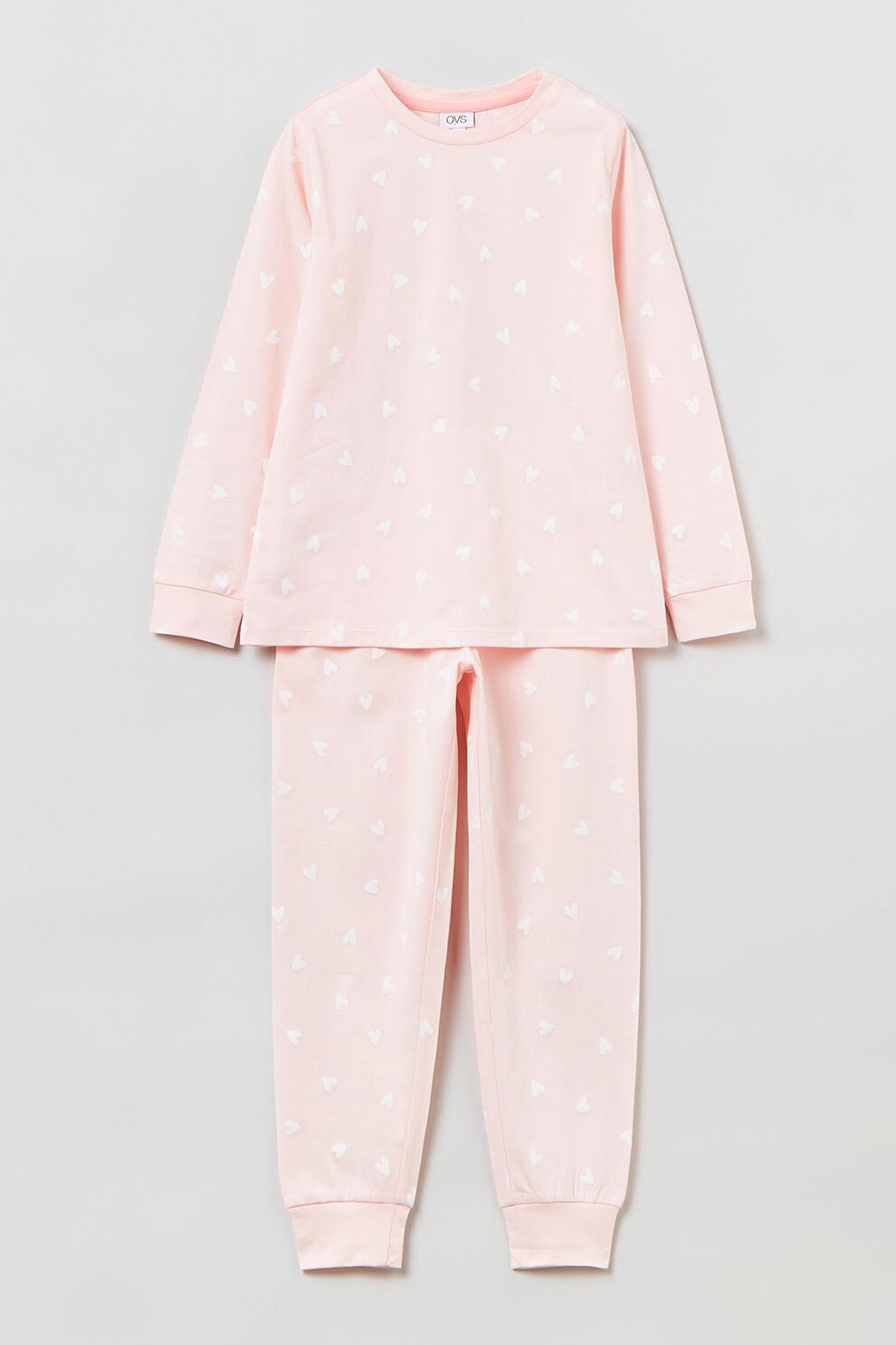 OVS, Pijama din bumbac cu imprimeu cu inimi, Roz pastel