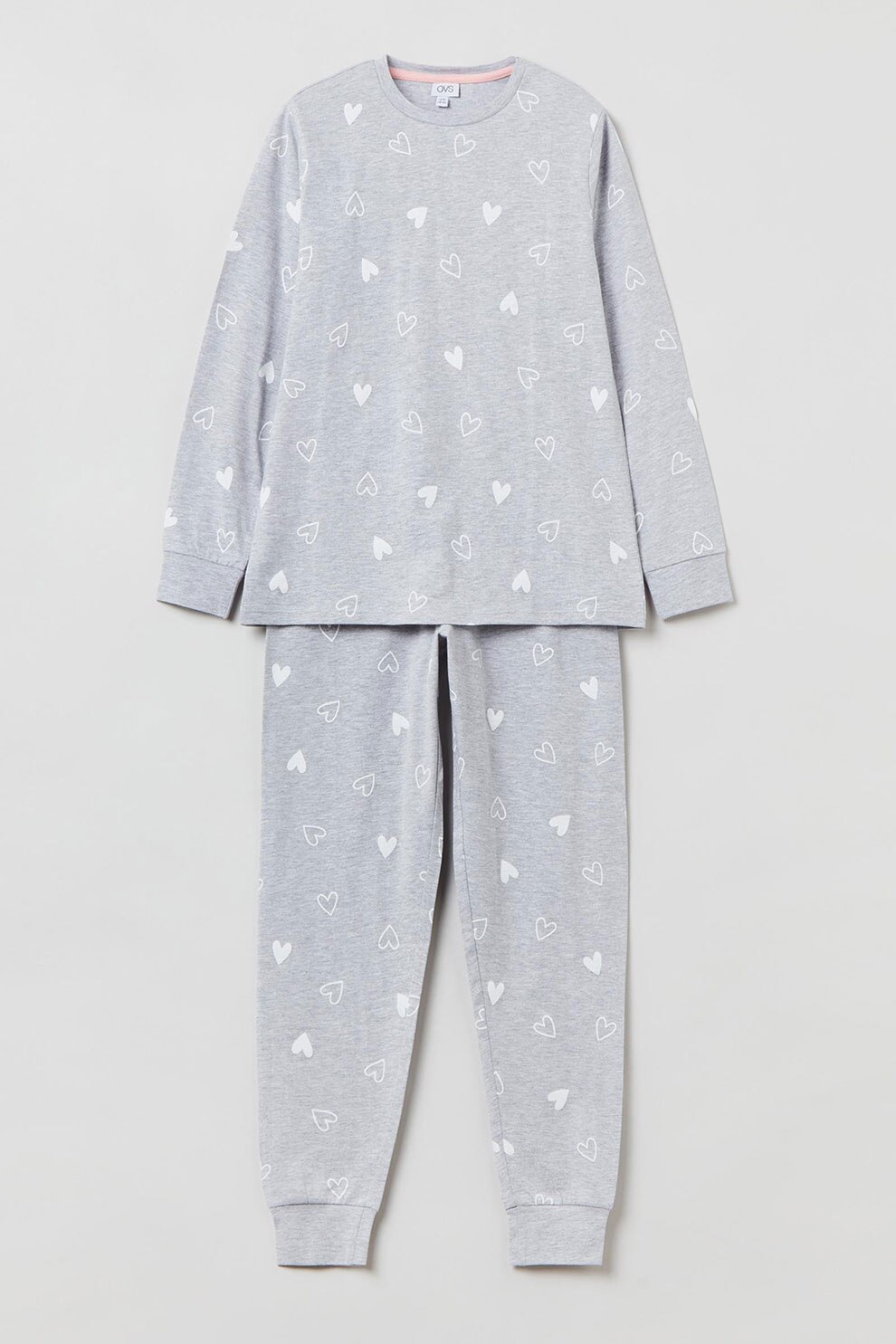 OVS, Pijama cu imprimeu cu inimi, Gri deschis melange