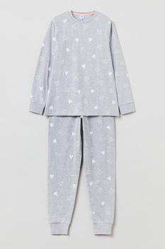 OVS, Pijama cu imprimeu cu inimi, Gri deschis melange OVS, Pijama cu imprimeu cu inimi, Gri deschis melange