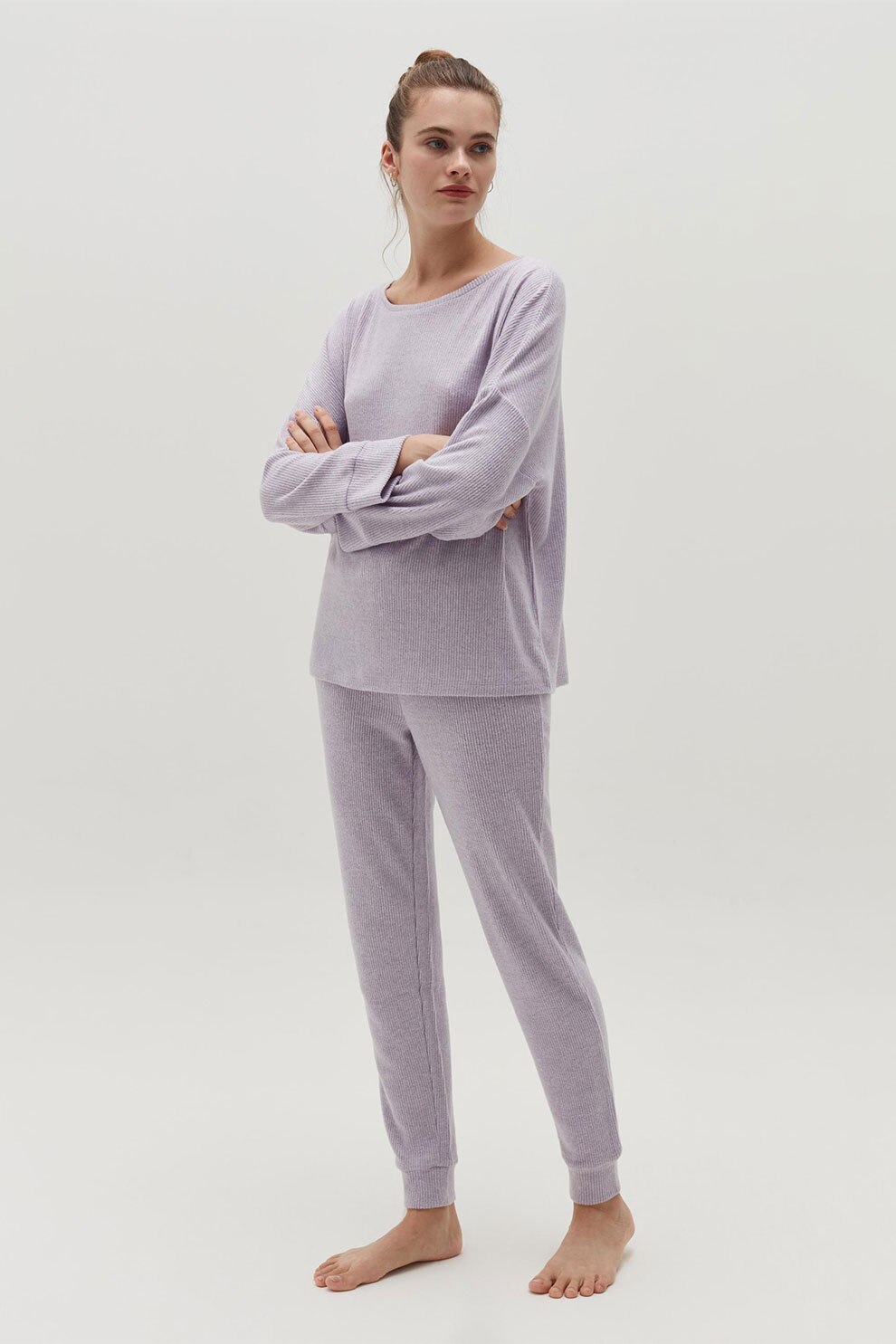 OVS, Pantaloni striati de pijama cu snur de ajustare, Lila prafuit