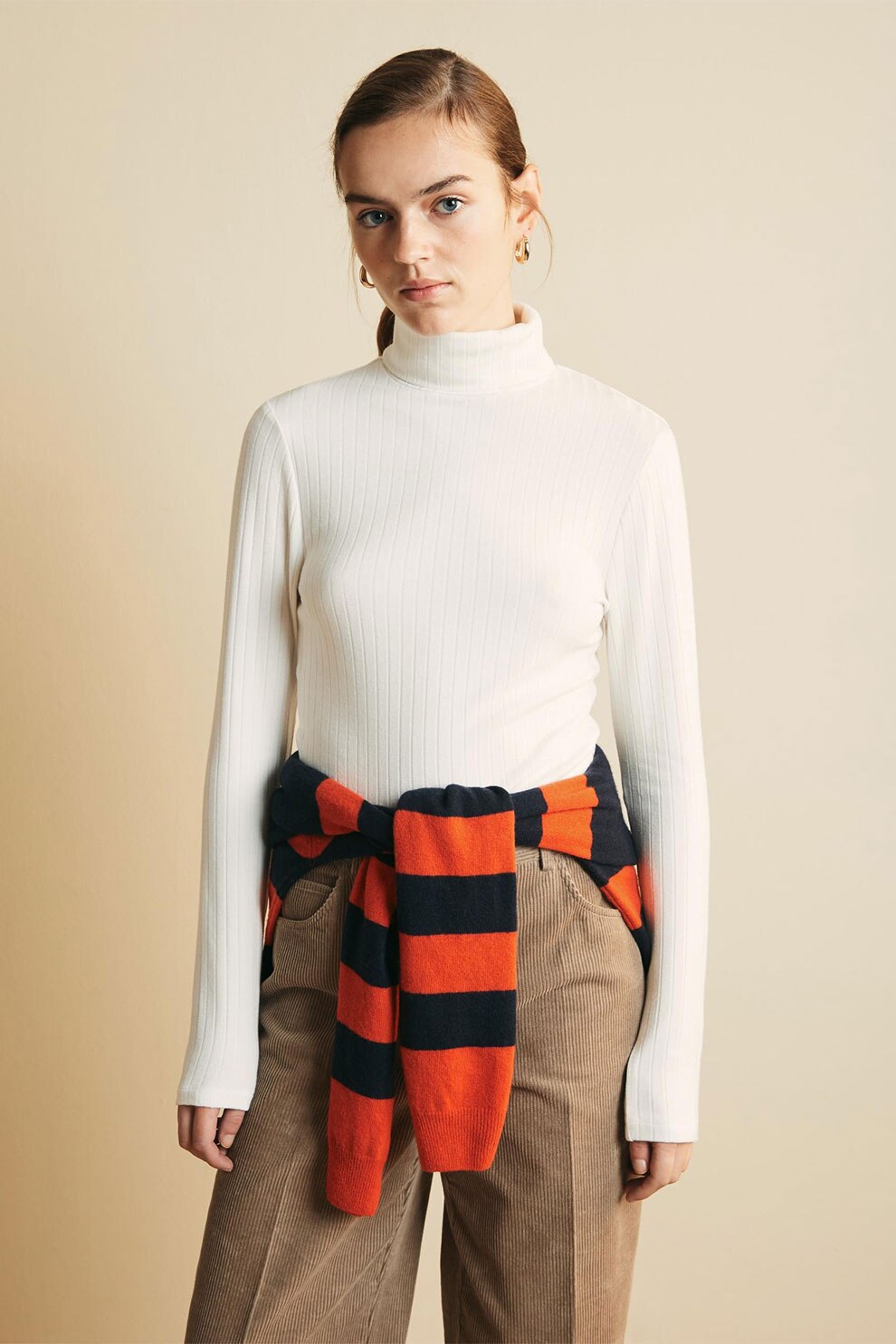 OVS, Bluza striata cu guler inalt, Alb optic