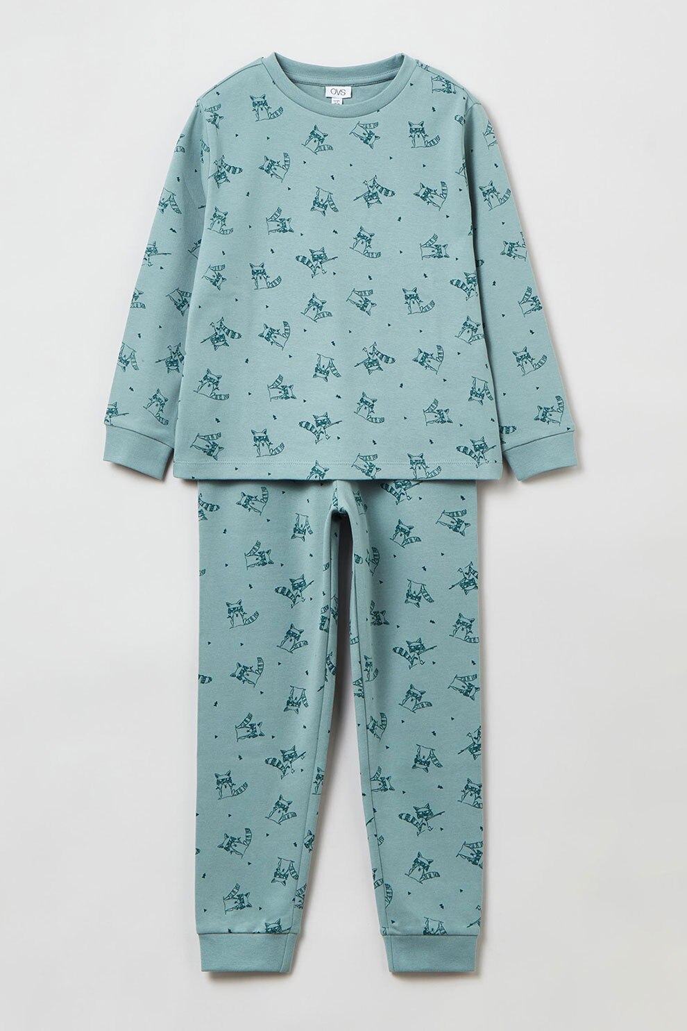 OVS, Pijama din bumbac cu model cu ratoni, Albastru deschis
