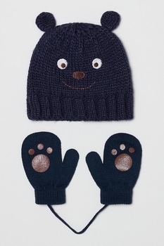 OVS, Set de caciula si manusi cu model ursulet, Bleumarin inchis OVS, Set de caciula si manusi cu model ursulet, Bleumarin inchis