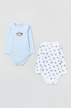 OVS, Set de body-uri din bumbac cu imprimeu grafic - 2 piese, Albastru pastel/Alb OVS, Set de body-uri din bumbac cu imprimeu grafic - 2 piese, Albastru pastel/Alb
