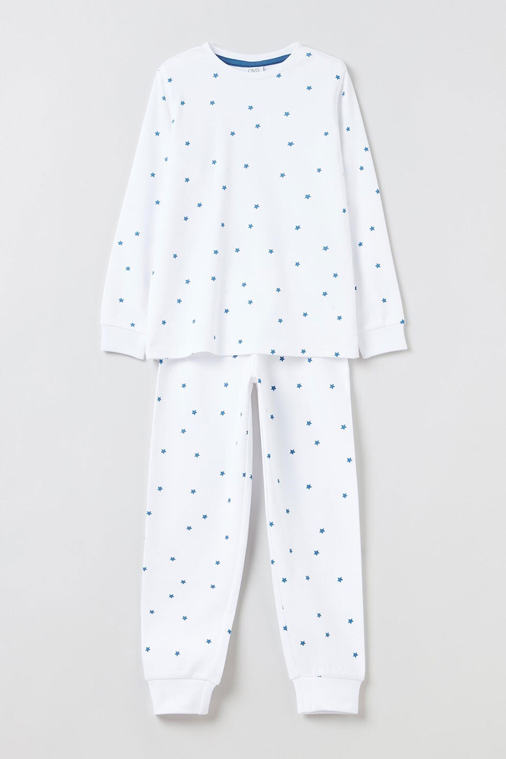 OVS, Pijama de bumbac cu imprimeu, Alb/Albastru