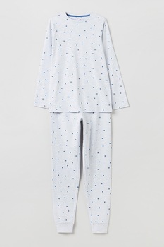 OVS, Pijama de bumbac cu imprimeu cu stele, Alb/Albastru OVS, Pijama de bumbac cu imprimeu cu stele, Alb/Albastru