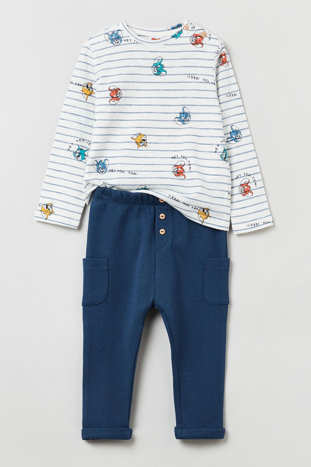 OVS, Set de bluza si pantaloni cu imprimeu cu desene animate, Alb/Bleumarin inchis