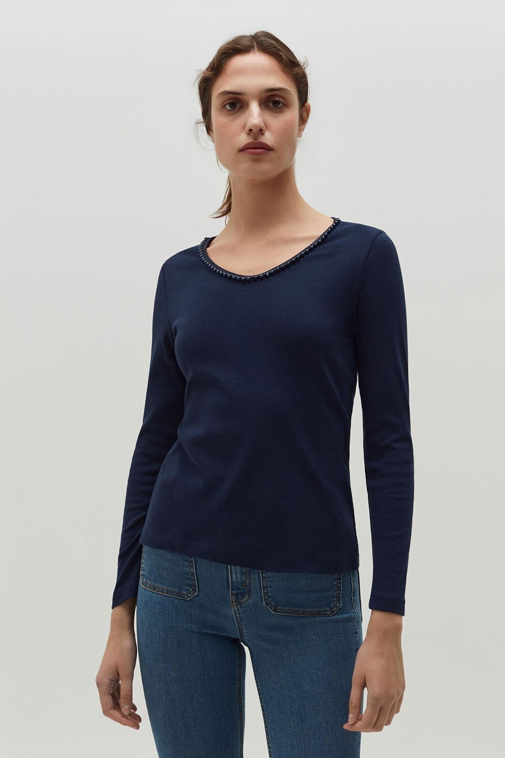 OVS, Bluza de bumbac cu decolteu in V, Bleumarin, XL