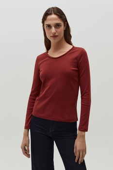 OVS, Bluza de bumbac cu decolteu in V, Rosu inchis OVS, Bluza de bumbac cu decolteu in V, Rosu inchis