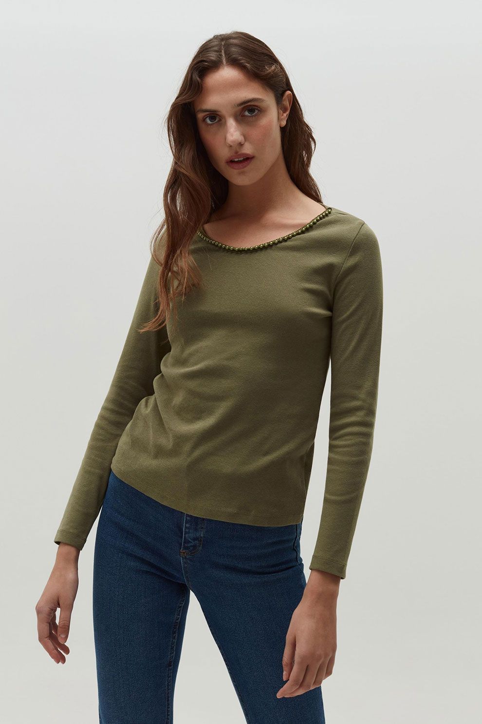 OVS, Bluza de bumbac cu decolteu in V, Verde militar