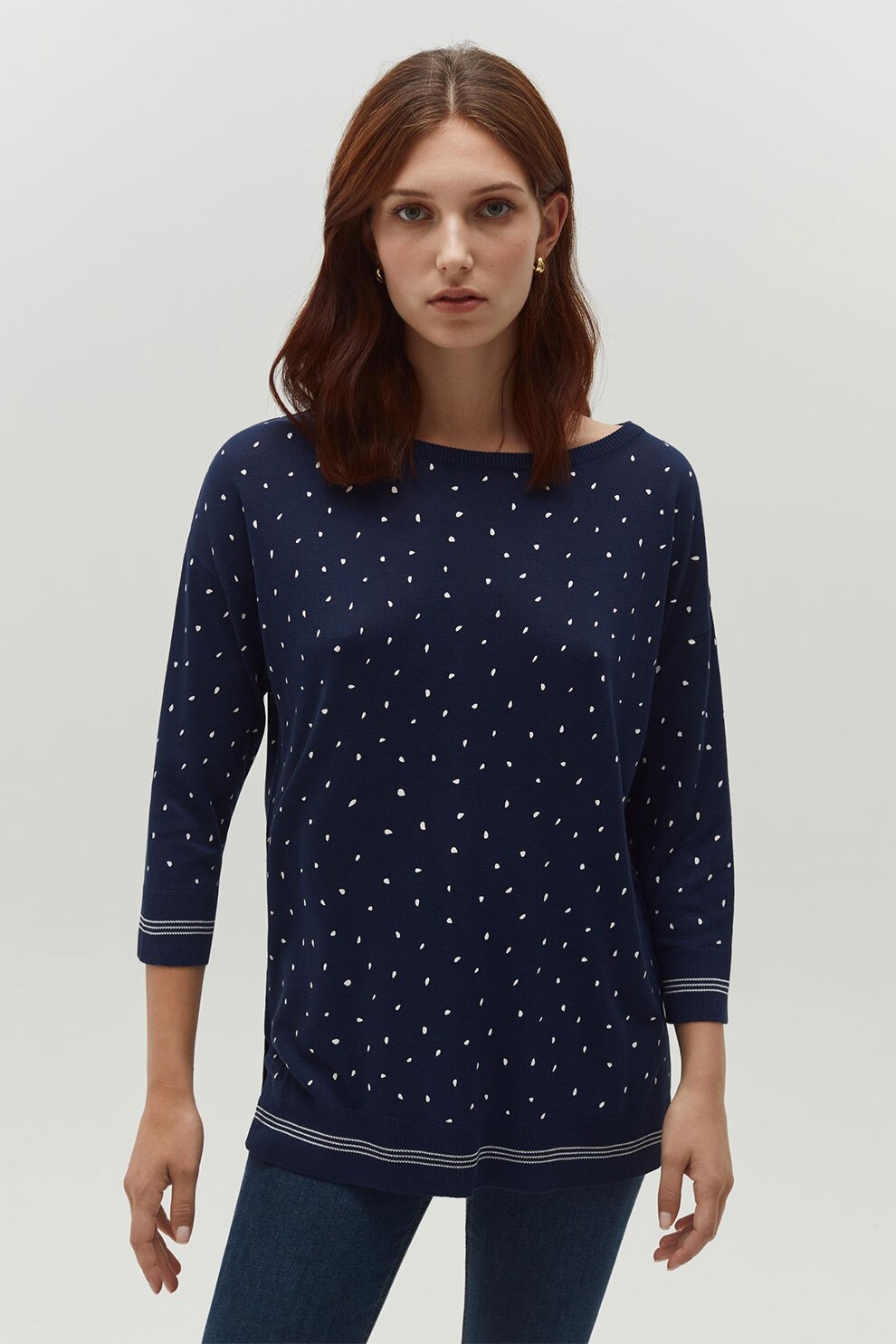 OVS, Pulover tricotat fin cu maneci cazute, albastru inchis/alb, S