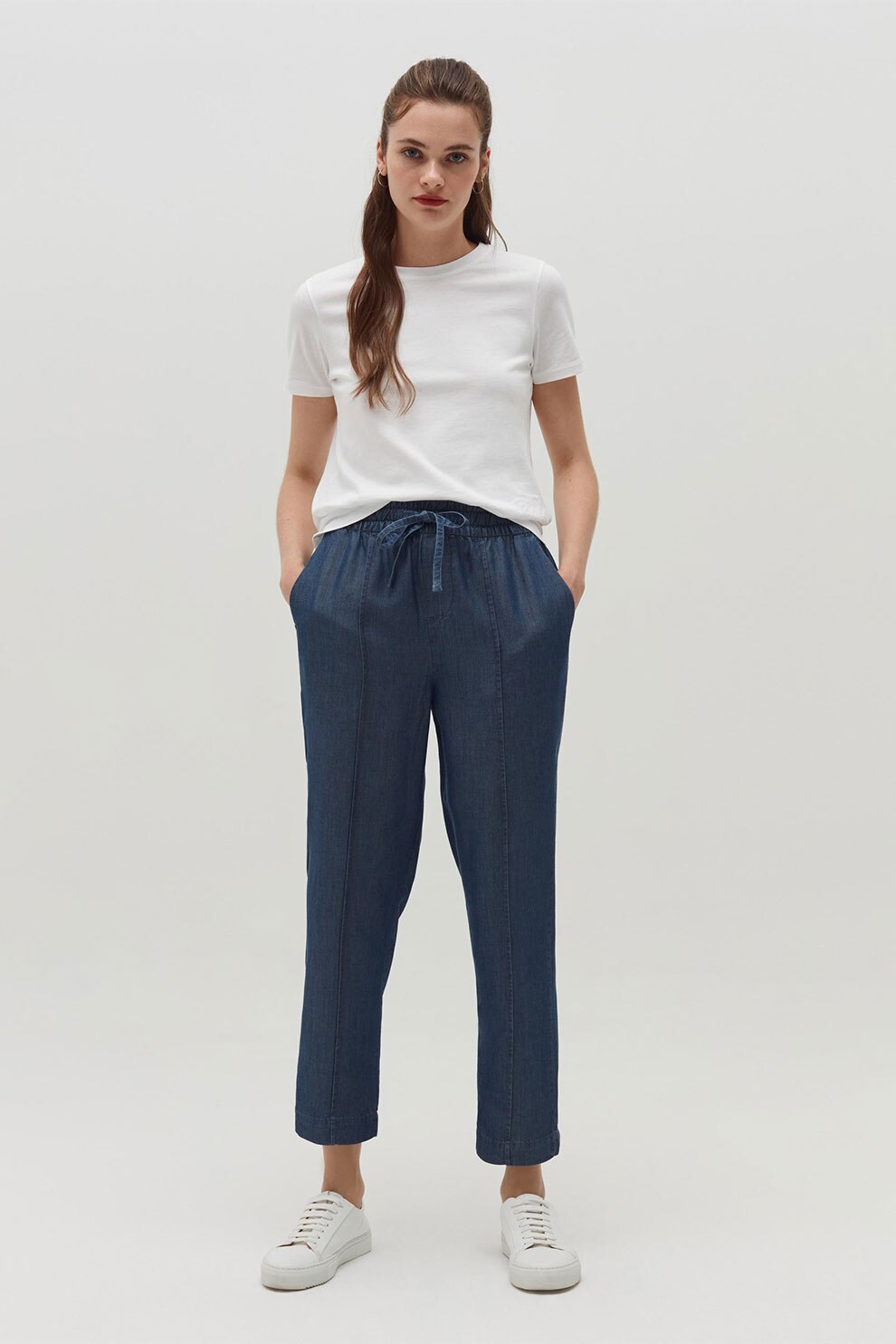 OVS, Pantaloni din lyocell cu snur de ajustare, Albastru inchis