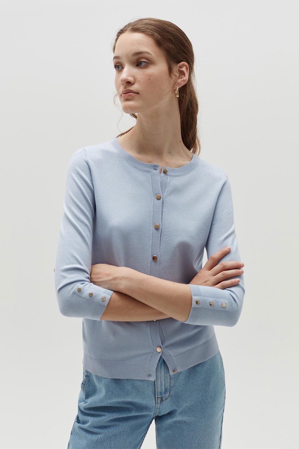 OVS, Cardigan tricotat fin cu nasturi, Albastru pastel