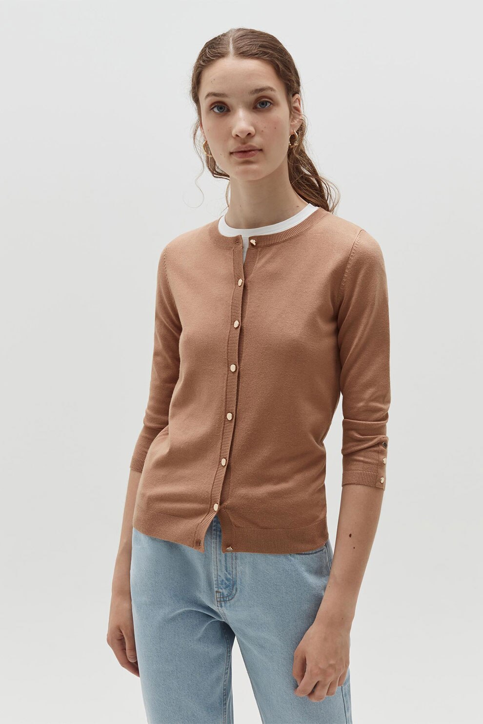 OVS, Cardigan tricotat fin cu nasturi, Maro camel, 2XL