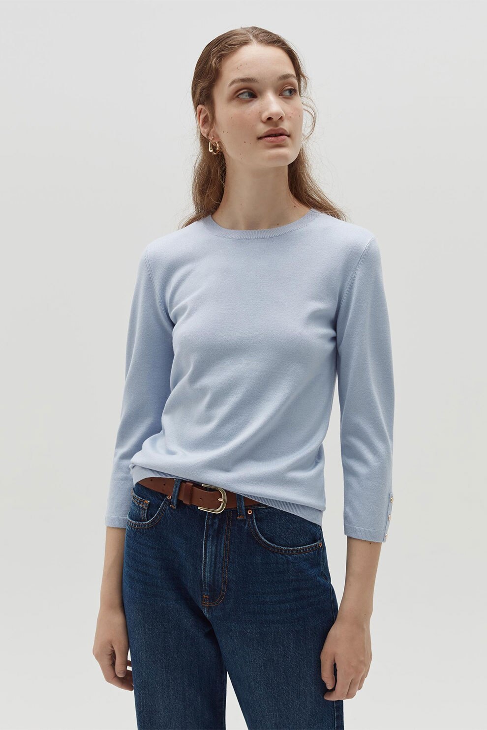 OVS, Pulover tricotat fin cu maneci trei sferturi, Albastru pastel