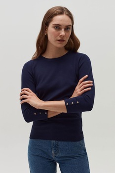 OVS, Pulover tricotat fin cu maneci trei sferturi, Bleumarin inchis, L OVS, Pulover tricotat fin cu maneci trei sferturi, Bleumarin inchis, L