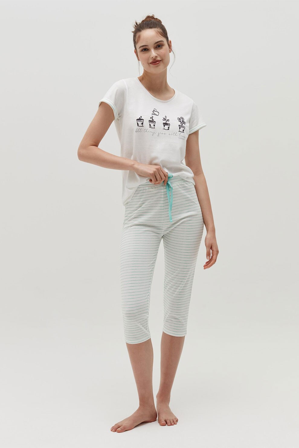 OVS, Pijama din bumbac cu imprimeu, Alb/Turcoaz