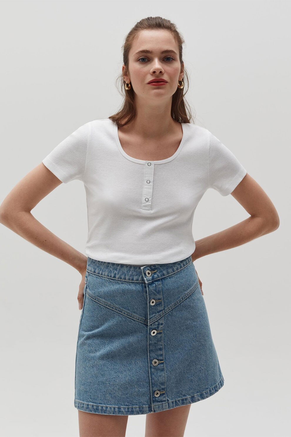 OVS, Tricou din bumbac cu fenta cu capse, Alb optic