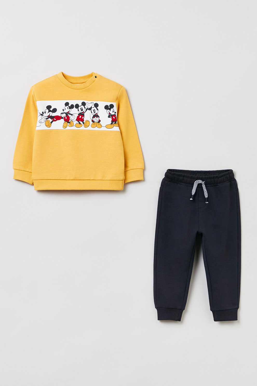 OVS, Set de bluza si pantaloni sport cu imprimeu cu desene animate - 2 piese, Galben/Negru, 74 CM