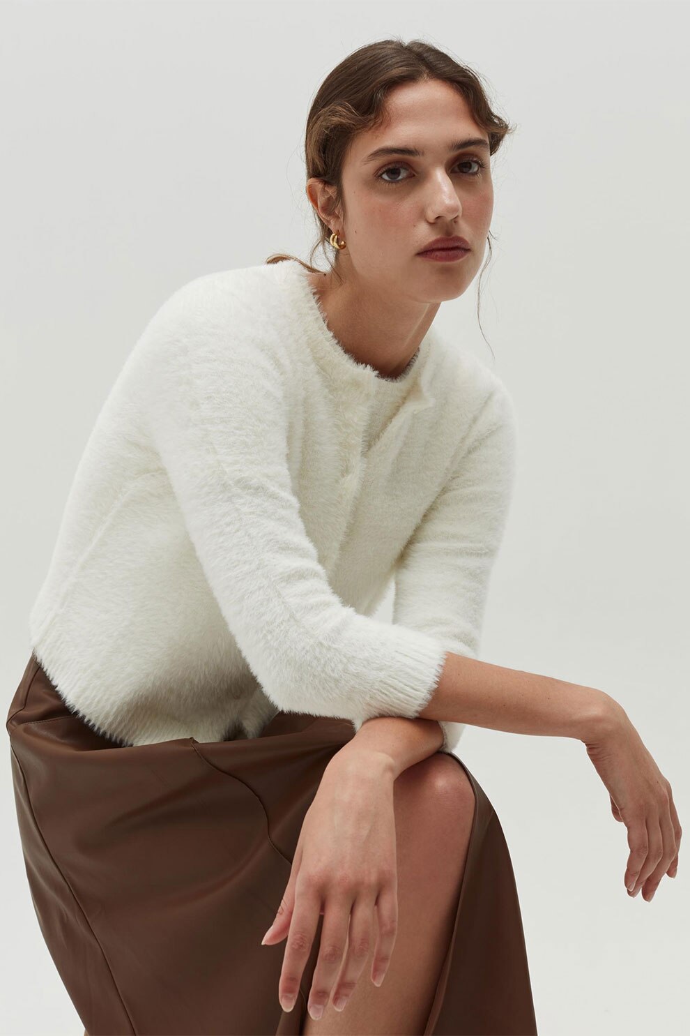 OVS, Cardigan pufos cu maneci 3/4, Alb prafuit