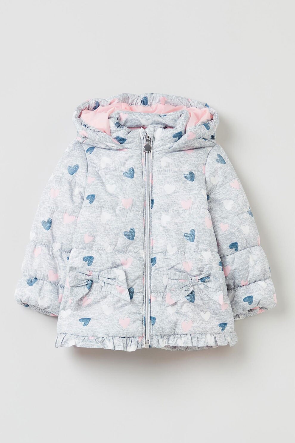 OVS, Geaca matlasata cu model cu inimi, Gri deschis/Alb, 80 CM