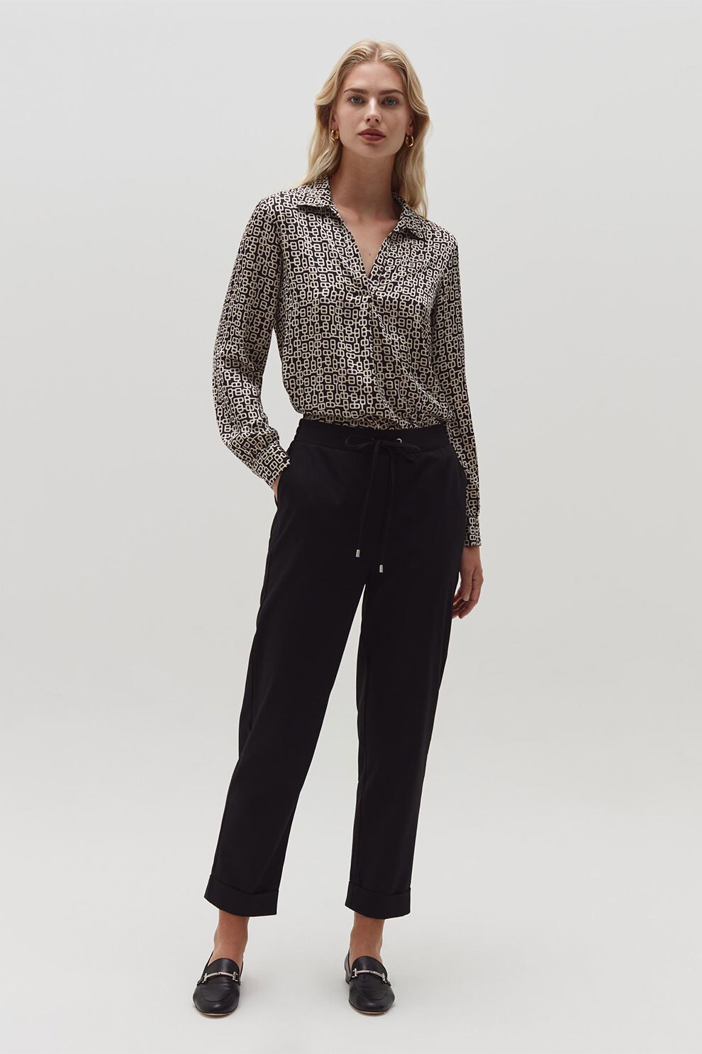 OVS, Pantaloni crop cu croiala dreapta si snur de ajustare, Negru