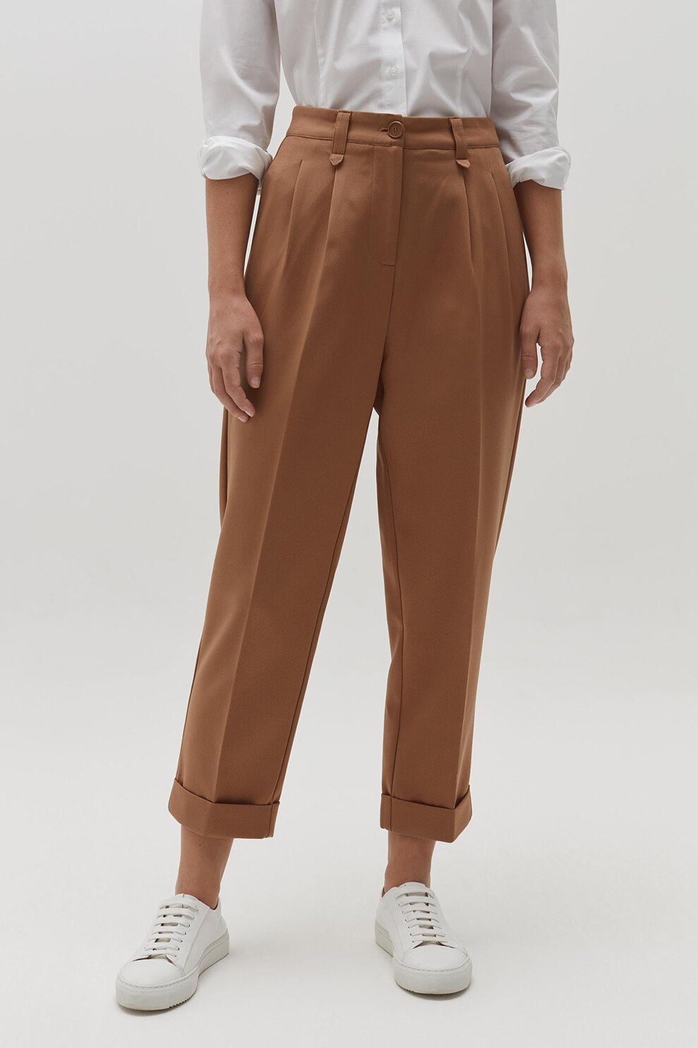 OVS, Pantaloni crop cu talie inalta, Maro caramel