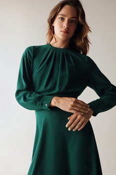 OVS, Rochie midi evazata cu detaliu plisat pe partea din fata, Verde inchis OVS, Rochie midi evazata cu detaliu plisat pe partea din fata, Verde inchis