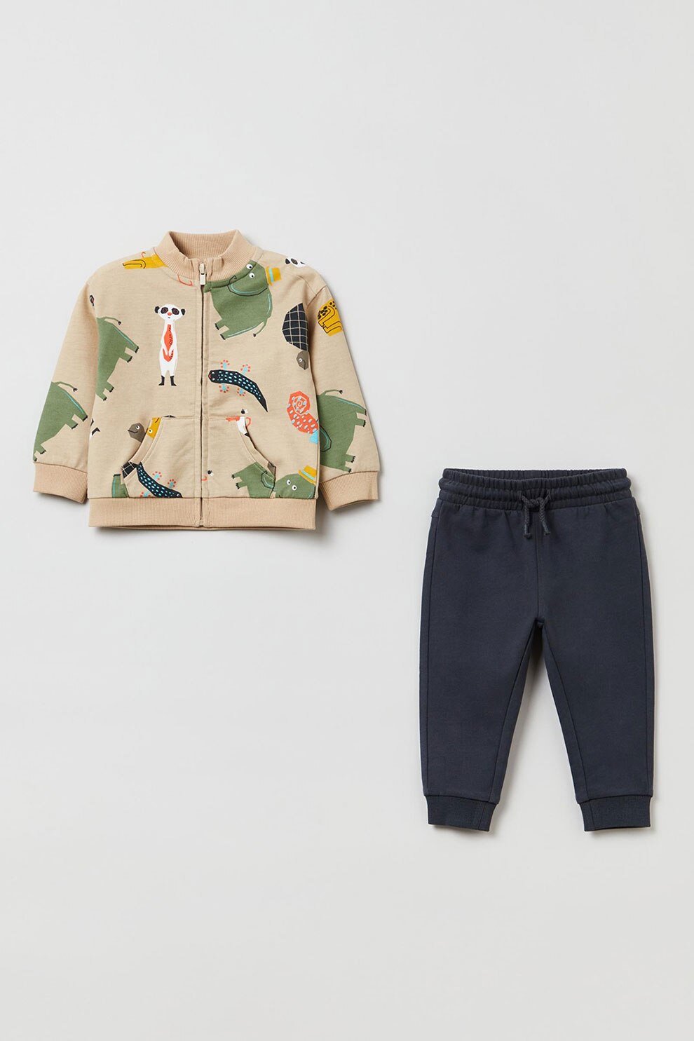 OVS, Set de bluza si pantaloni sport cu imprimeu - 2 piese, Maro nisip/Negru stins, 74 CM