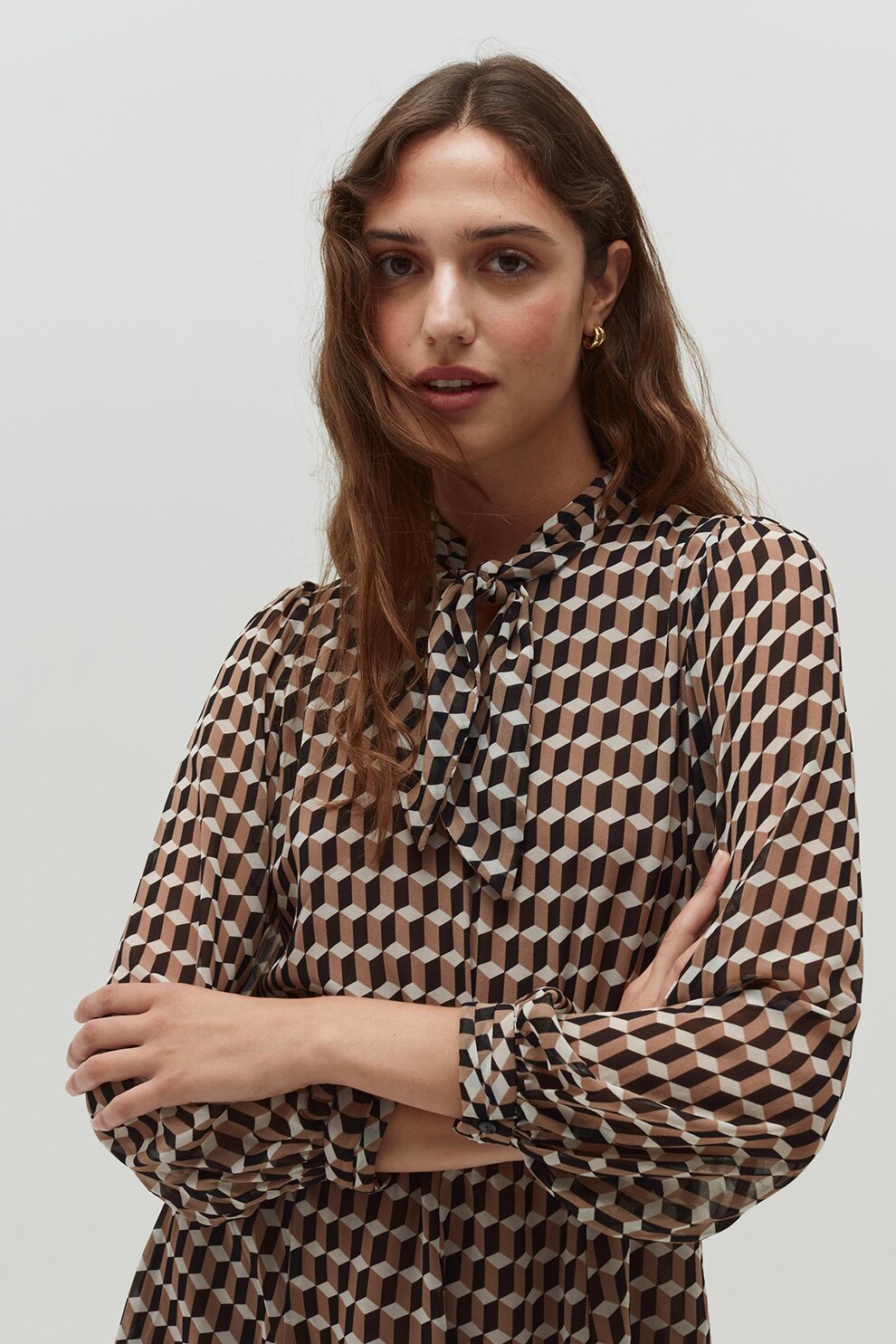 OVS, Rochie mini cu model, Maro camel/Maro inchis/Alb