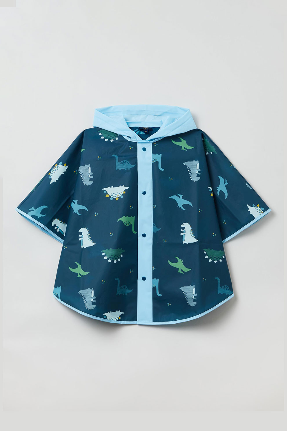 OVS, Pelerina de ploaie cu gluga si model cu dinozauri, Albastru inchis/Albastru aqua