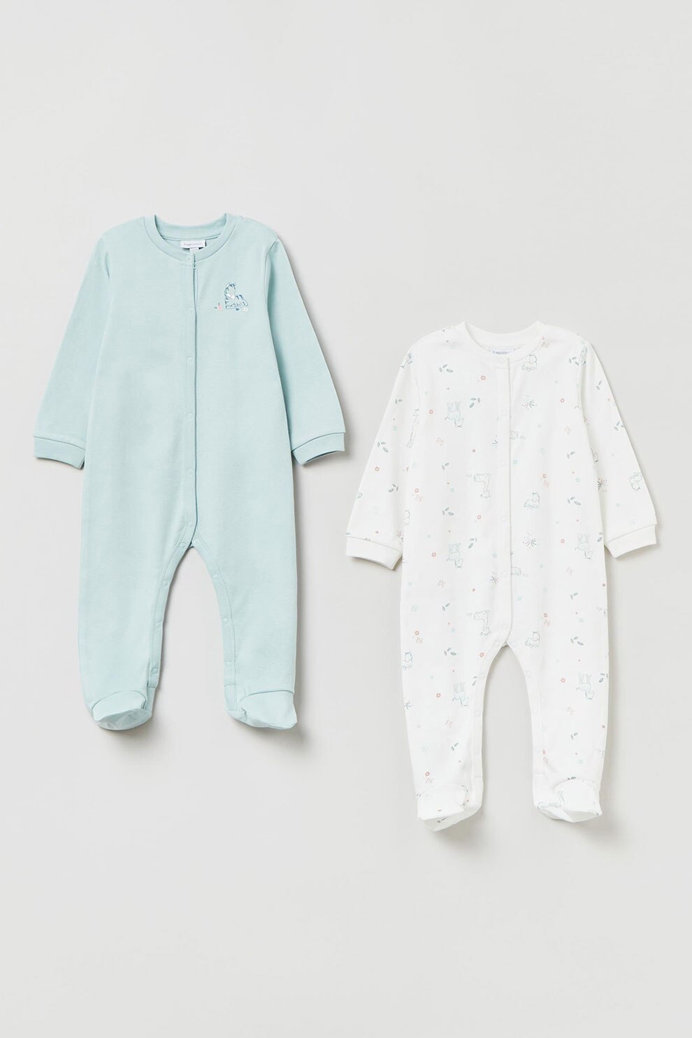 OVS, Set de salopete cu botosei si maneci lungi - 2 piese, Alb/Albastru pastel