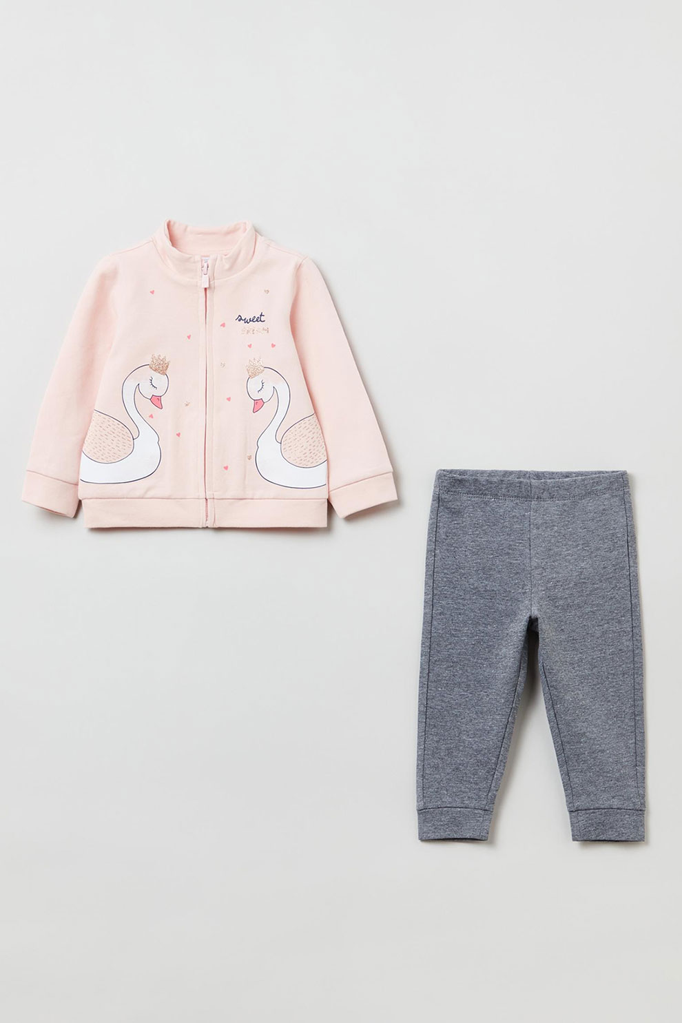 OVS, Set de bluza si pantaloni sport cu fermoar, Roz deschis/Gri inchis
