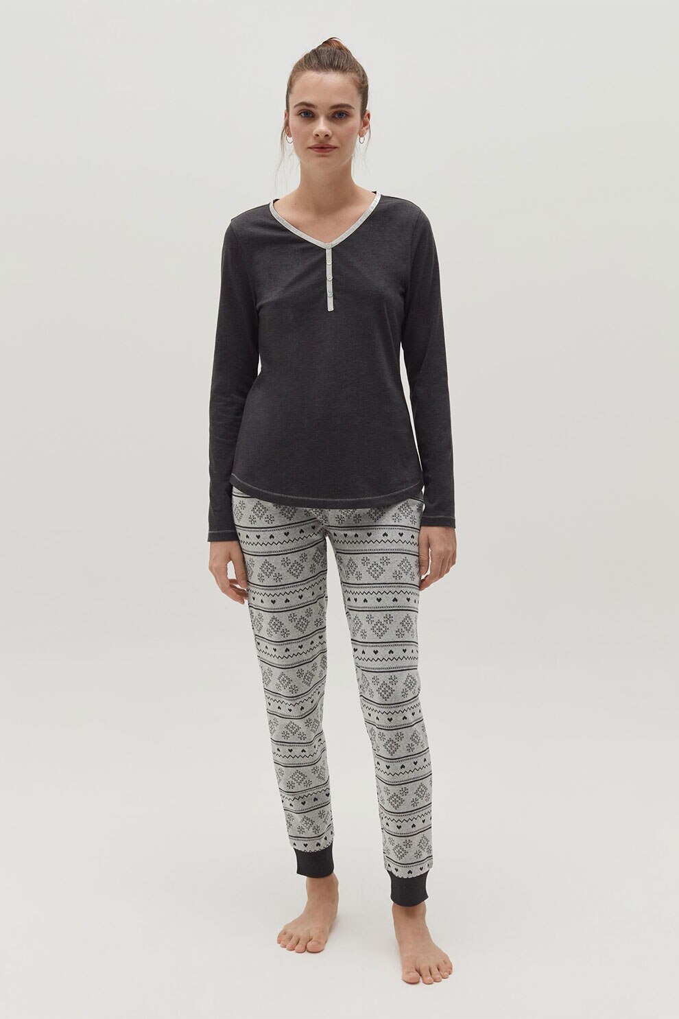 OVS, Pijama din jerseu cu decolteu henley, Gri antracit/Gri deschis