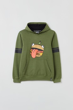 OVS, Hanorac cu imprimeu si buzunar kangaroo, Verde feriga OVS, Hanorac cu imprimeu si buzunar kangaroo, Verde feriga