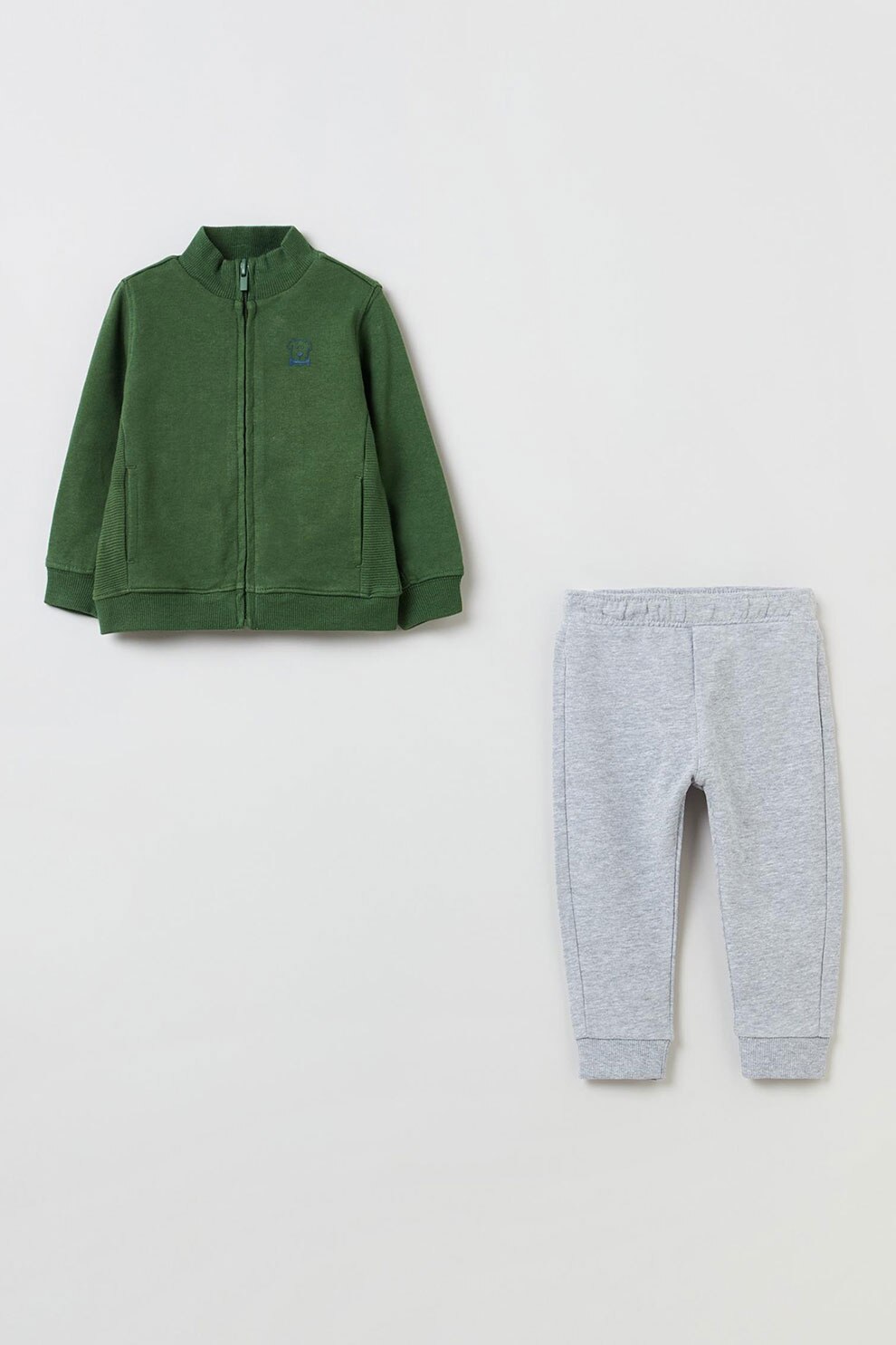 OVS, Set de imbracaminte din bumbac - 2 piese, Verde inchis/gri deschis