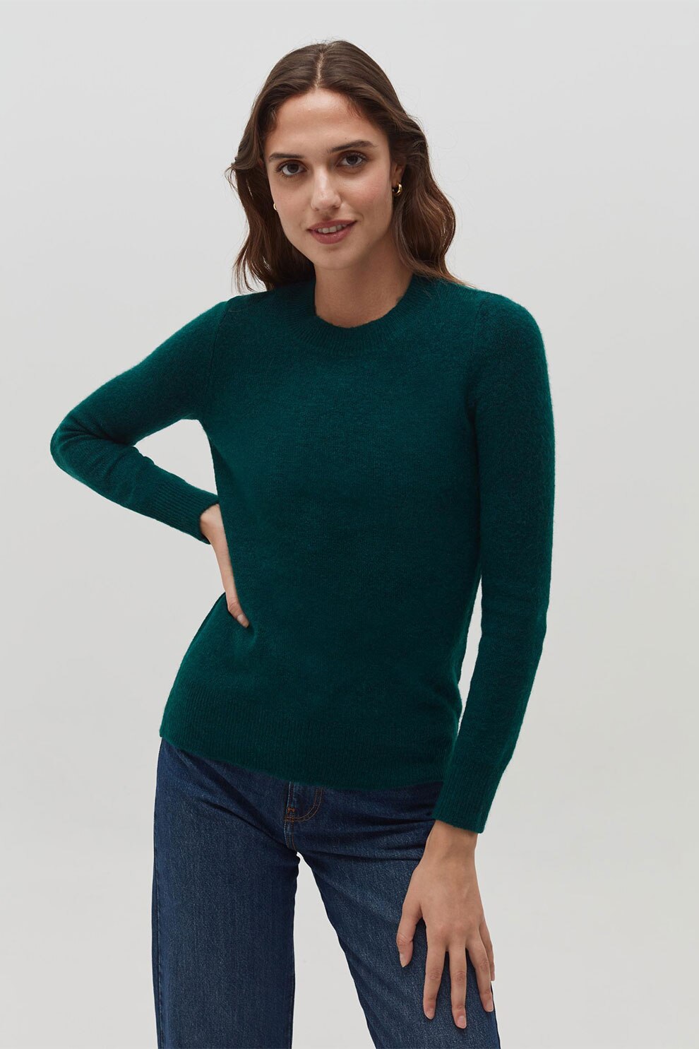 OVS, Pulover tricotat fin cu decolteu la baza gatului, Verde forest