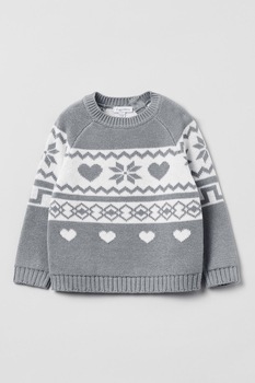 OVS, Pulover cu decolteu la baza gatului si model, Gri deschis/Alb OVS, Pulover cu decolteu la baza gatului si model, Gri deschis/Alb